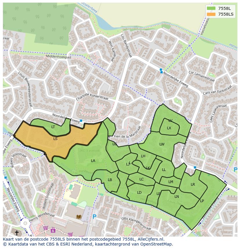 Afbeelding van het postcodegebied 7558 LS op de kaart.