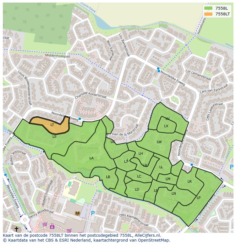 Afbeelding van het postcodegebied 7558 LT op de kaart.