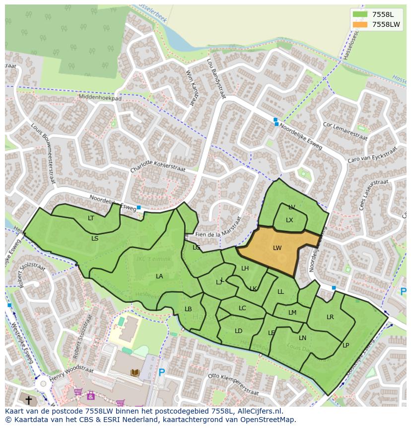 Afbeelding van het postcodegebied 7558 LW op de kaart.
