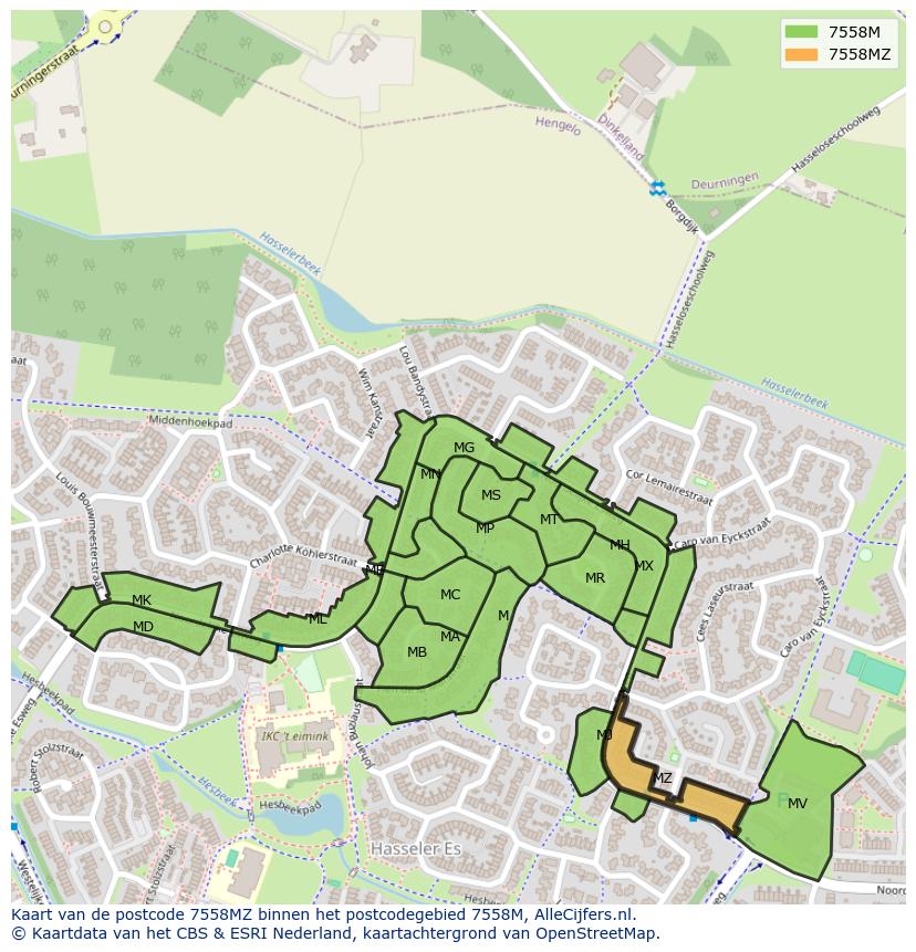 Afbeelding van het postcodegebied 7558 MZ op de kaart.