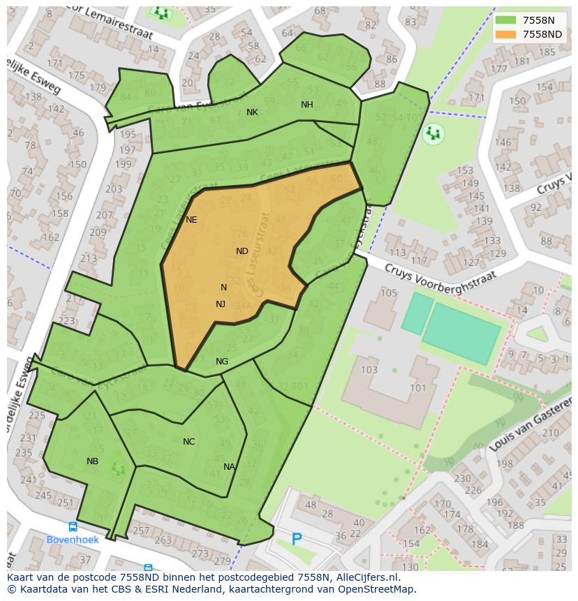Afbeelding van het postcodegebied 7558 ND op de kaart.