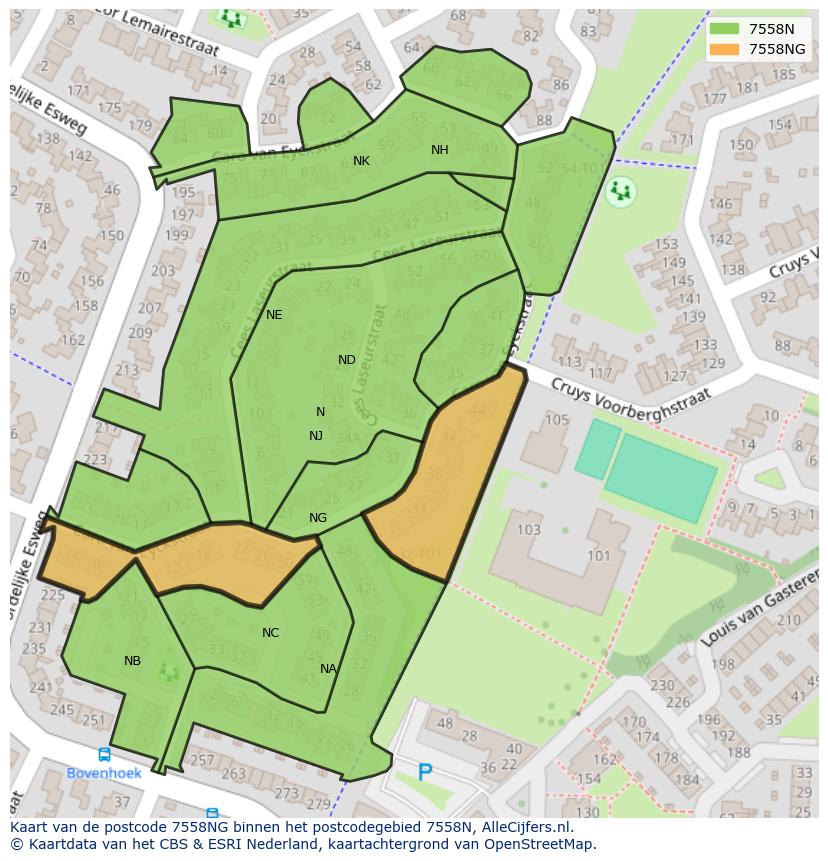 Afbeelding van het postcodegebied 7558 NG op de kaart.