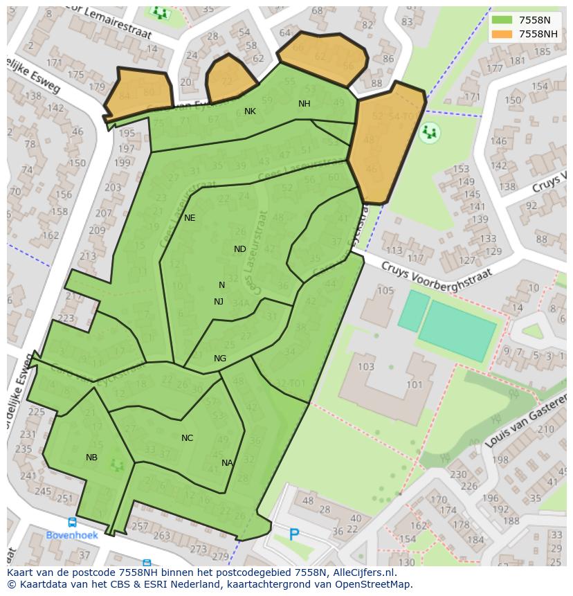 Afbeelding van het postcodegebied 7558 NH op de kaart.
