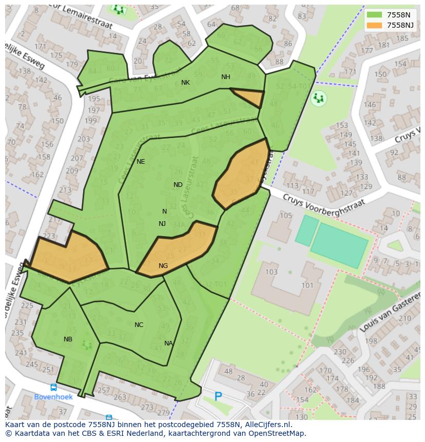 Afbeelding van het postcodegebied 7558 NJ op de kaart.