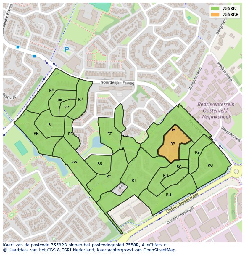 Afbeelding van het postcodegebied 7558 RB op de kaart.