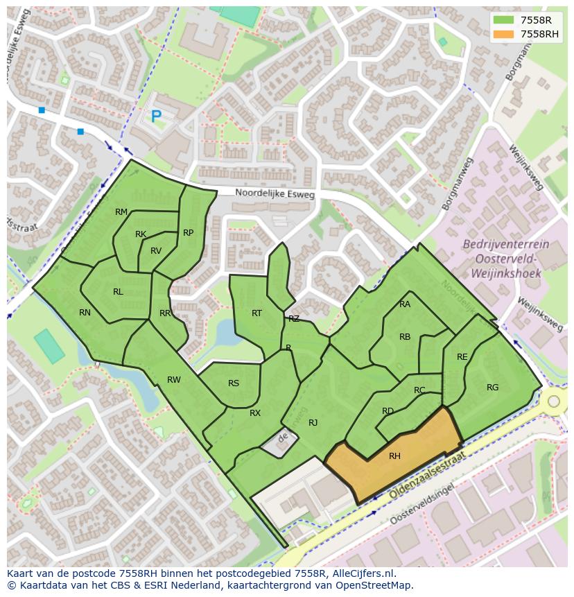 Afbeelding van het postcodegebied 7558 RH op de kaart.