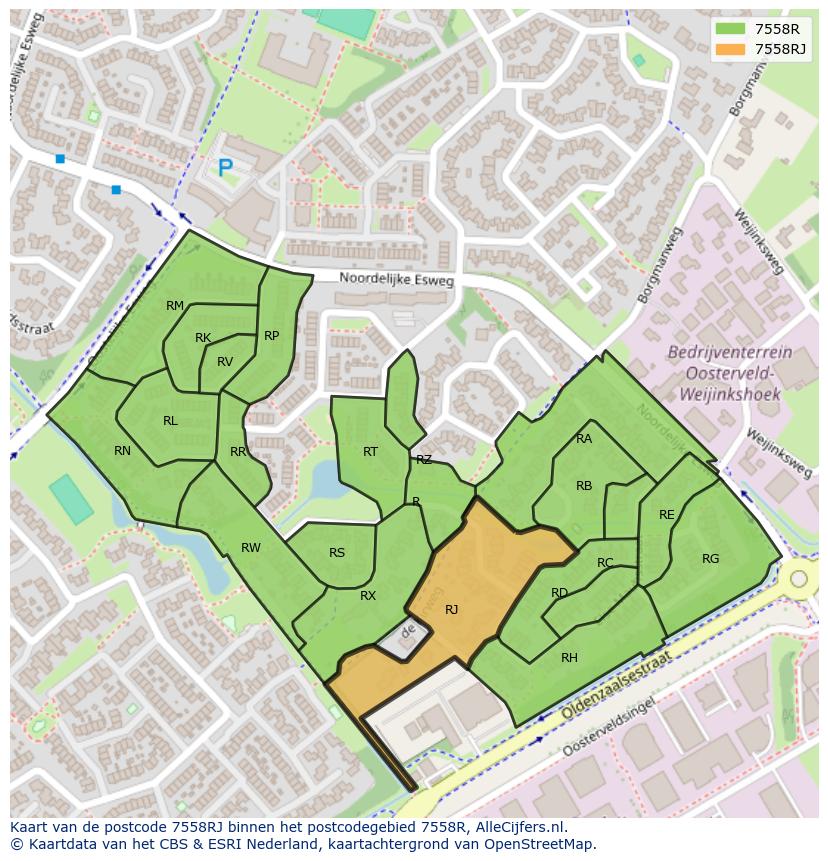 Afbeelding van het postcodegebied 7558 RJ op de kaart.