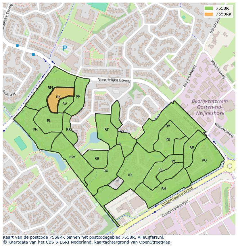 Afbeelding van het postcodegebied 7558 RK op de kaart.