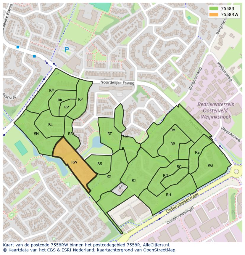 Afbeelding van het postcodegebied 7558 RW op de kaart.