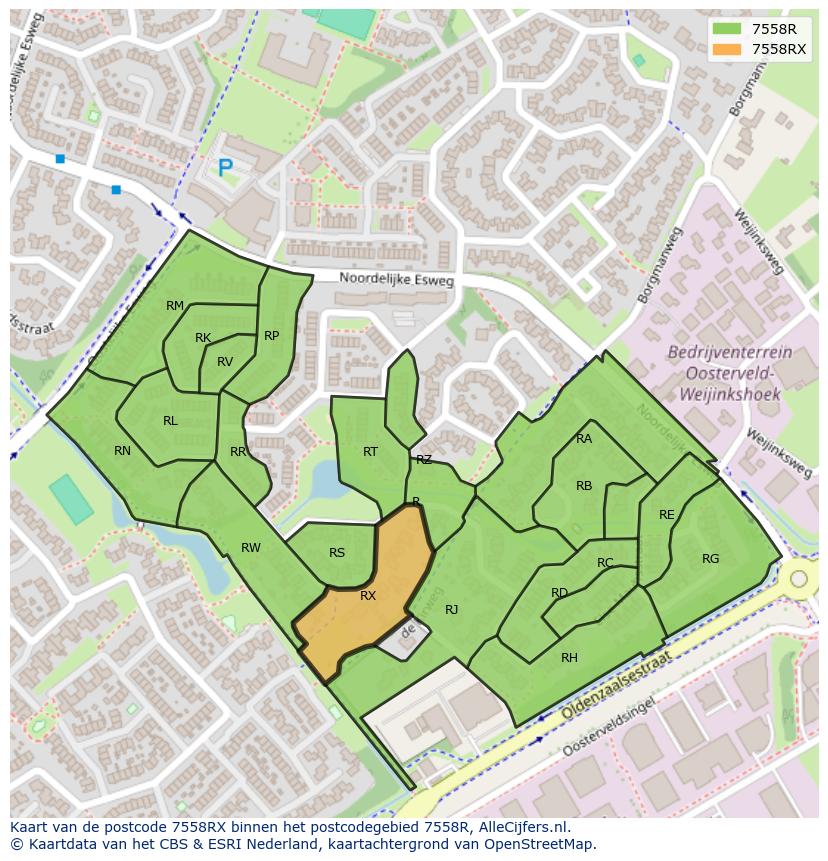 Afbeelding van het postcodegebied 7558 RX op de kaart.