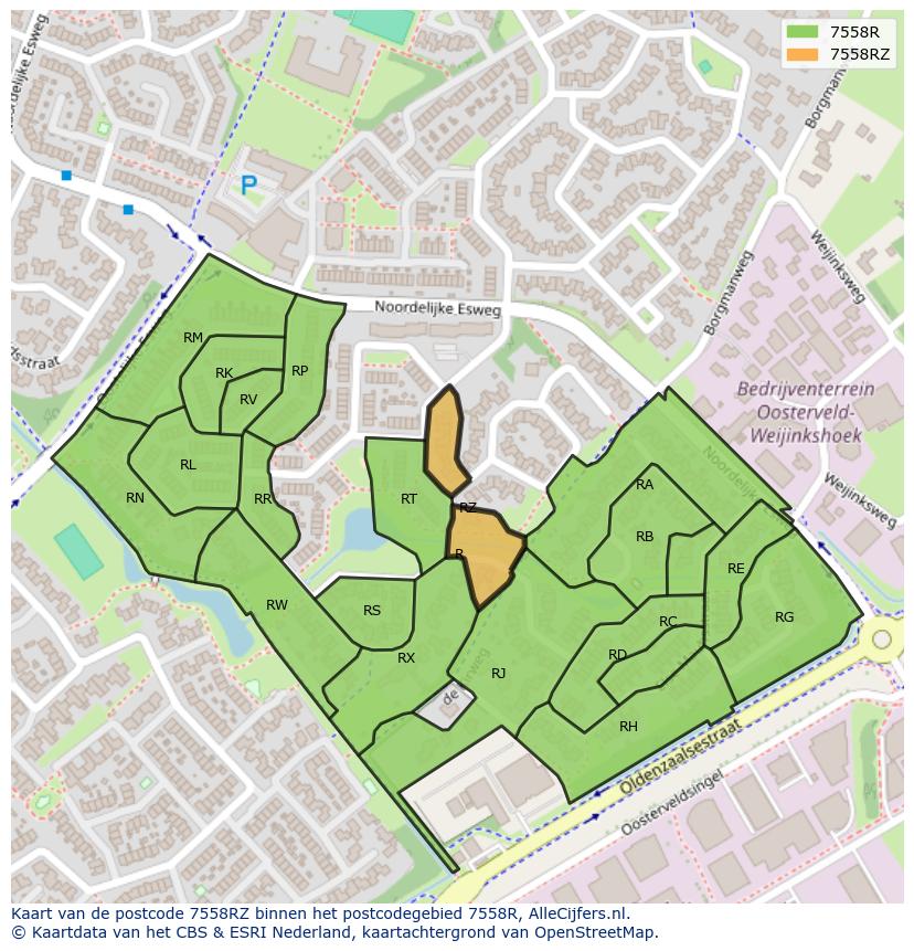 Afbeelding van het postcodegebied 7558 RZ op de kaart.