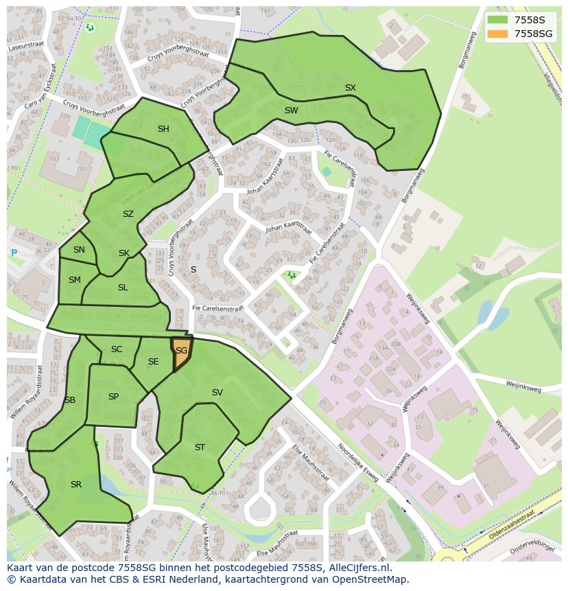 Afbeelding van het postcodegebied 7558 SG op de kaart.