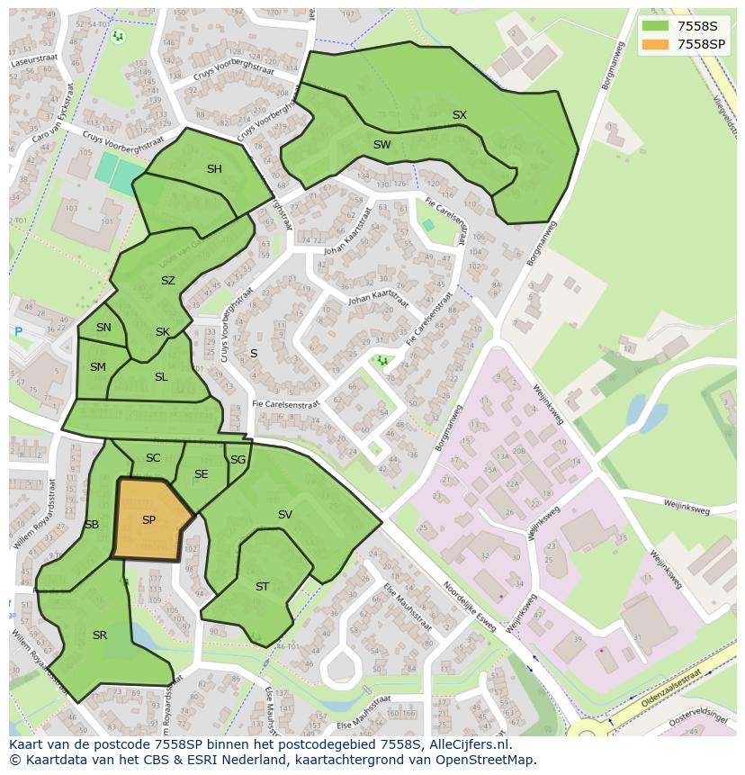 Afbeelding van het postcodegebied 7558 SP op de kaart.