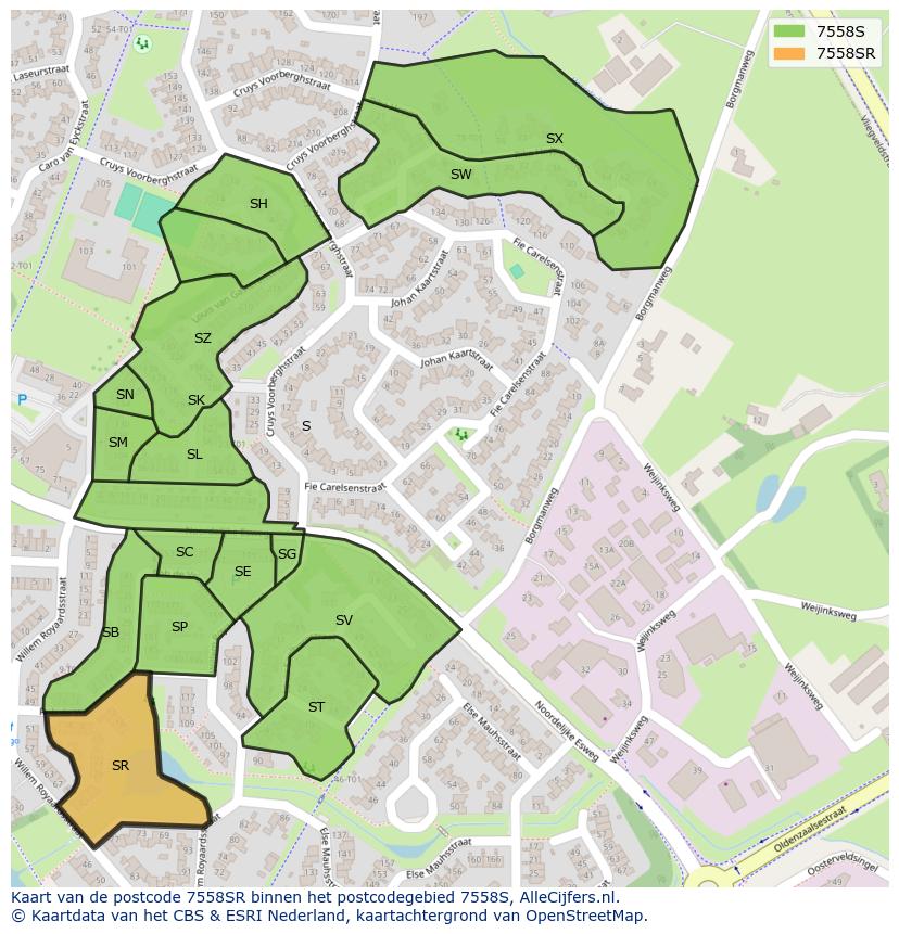 Afbeelding van het postcodegebied 7558 SR op de kaart.