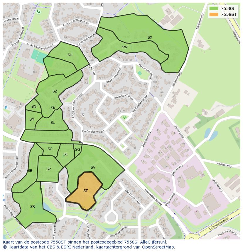 Afbeelding van het postcodegebied 7558 ST op de kaart.
