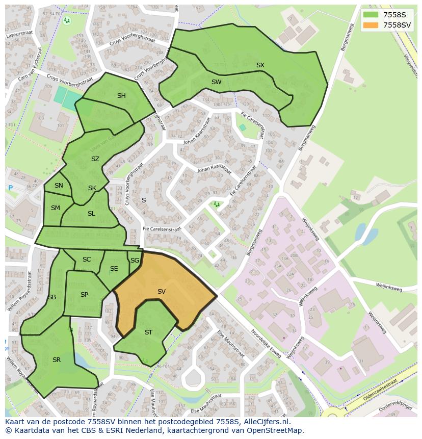 Afbeelding van het postcodegebied 7558 SV op de kaart.