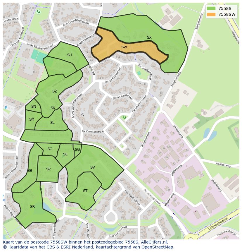 Afbeelding van het postcodegebied 7558 SW op de kaart.