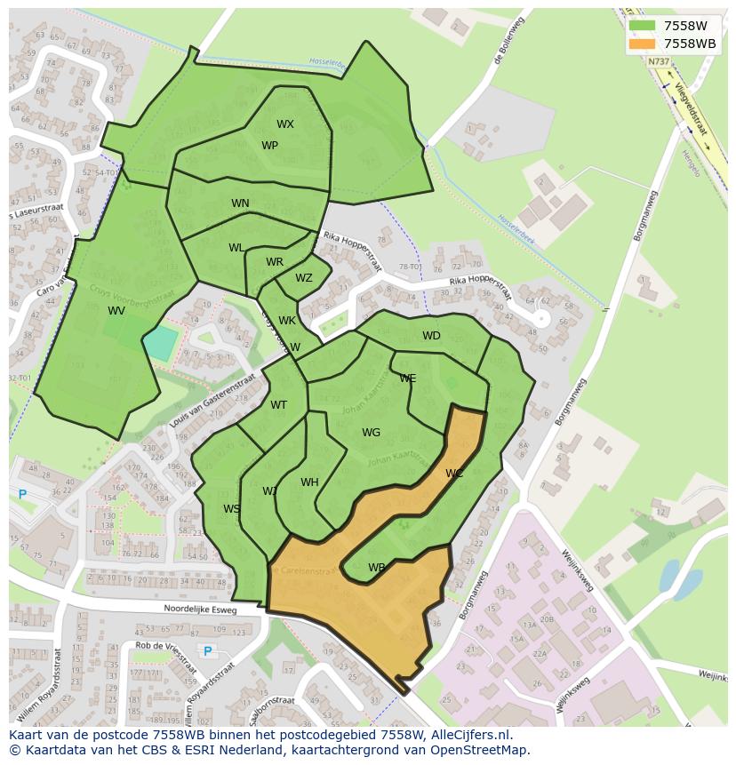 Afbeelding van het postcodegebied 7558 WB op de kaart.