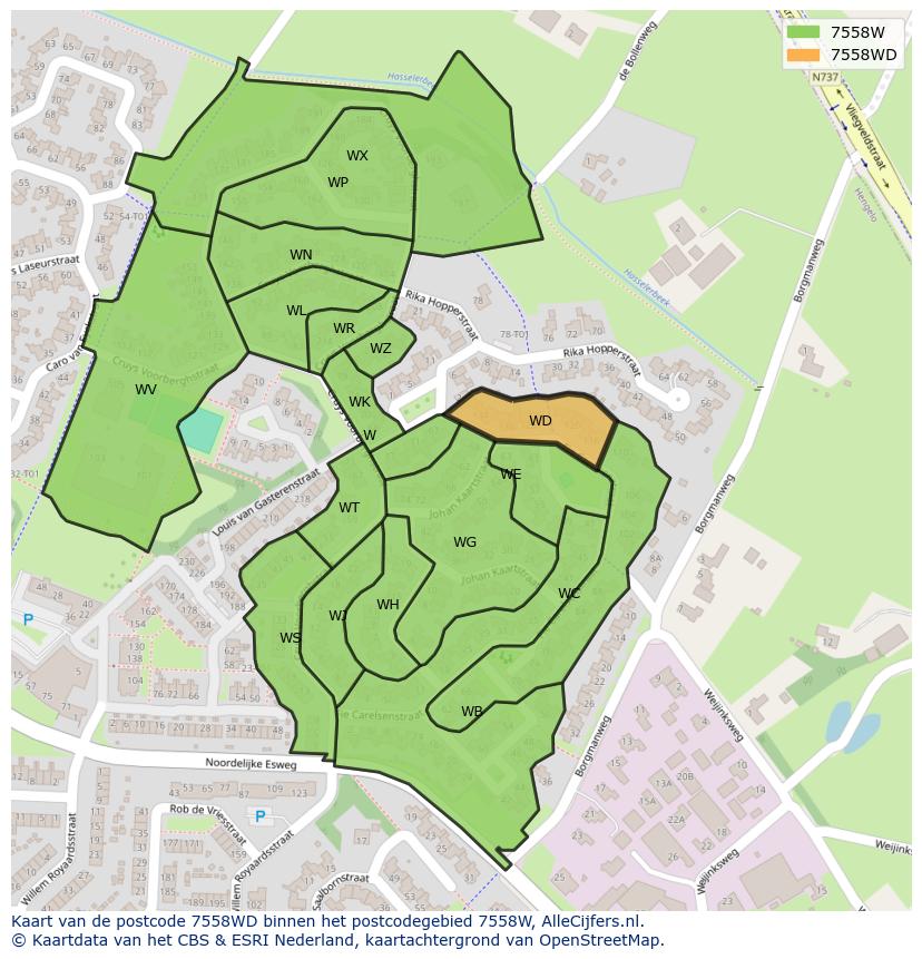 Afbeelding van het postcodegebied 7558 WD op de kaart.