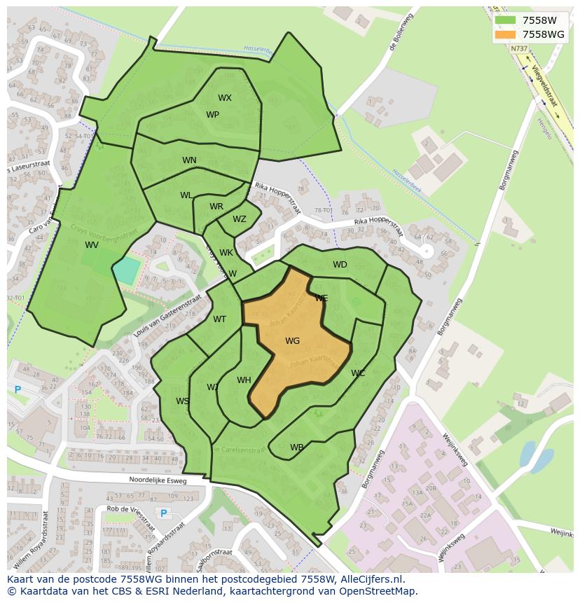 Afbeelding van het postcodegebied 7558 WG op de kaart.