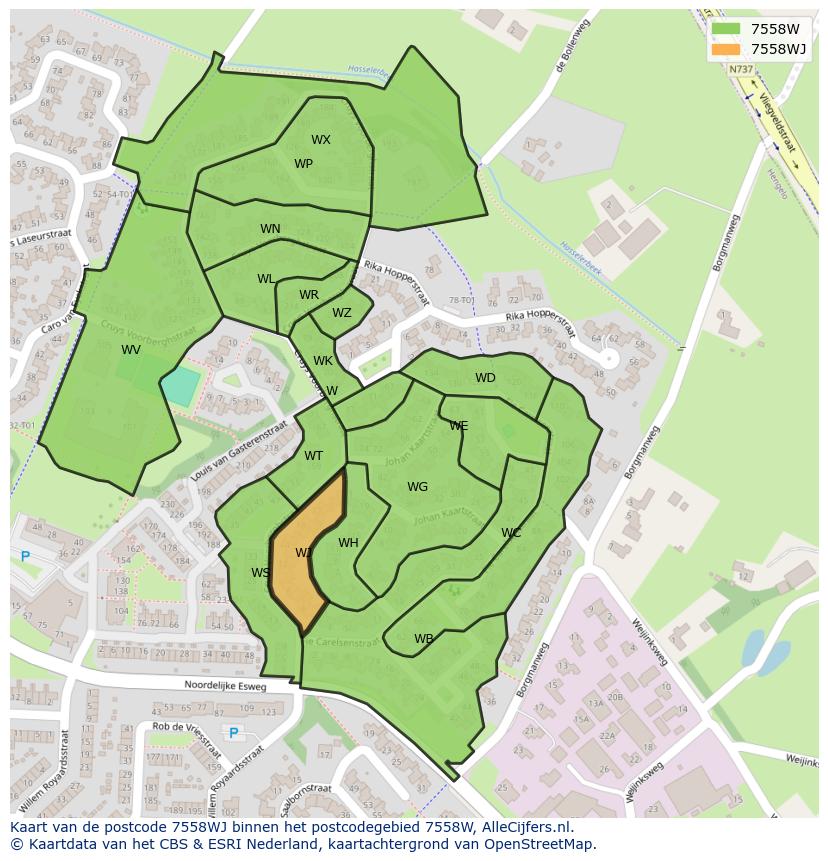 Afbeelding van het postcodegebied 7558 WJ op de kaart.