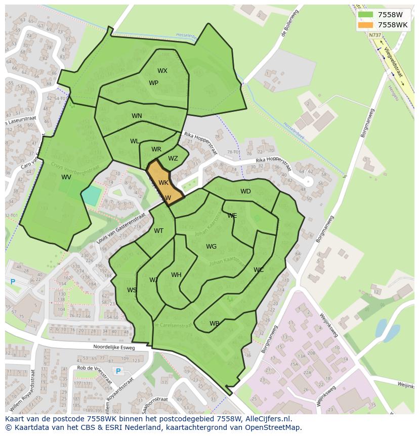 Afbeelding van het postcodegebied 7558 WK op de kaart.