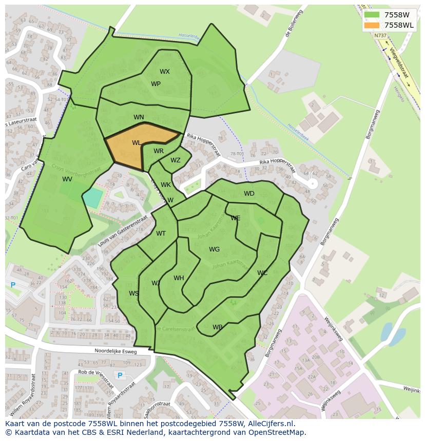 Afbeelding van het postcodegebied 7558 WL op de kaart.