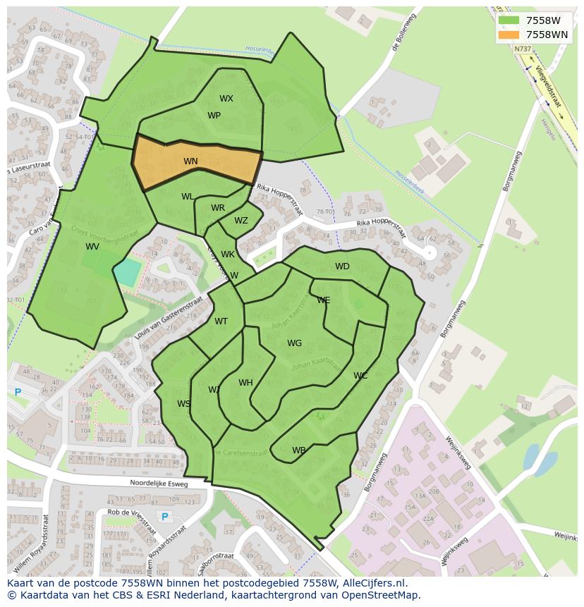 Afbeelding van het postcodegebied 7558 WN op de kaart.