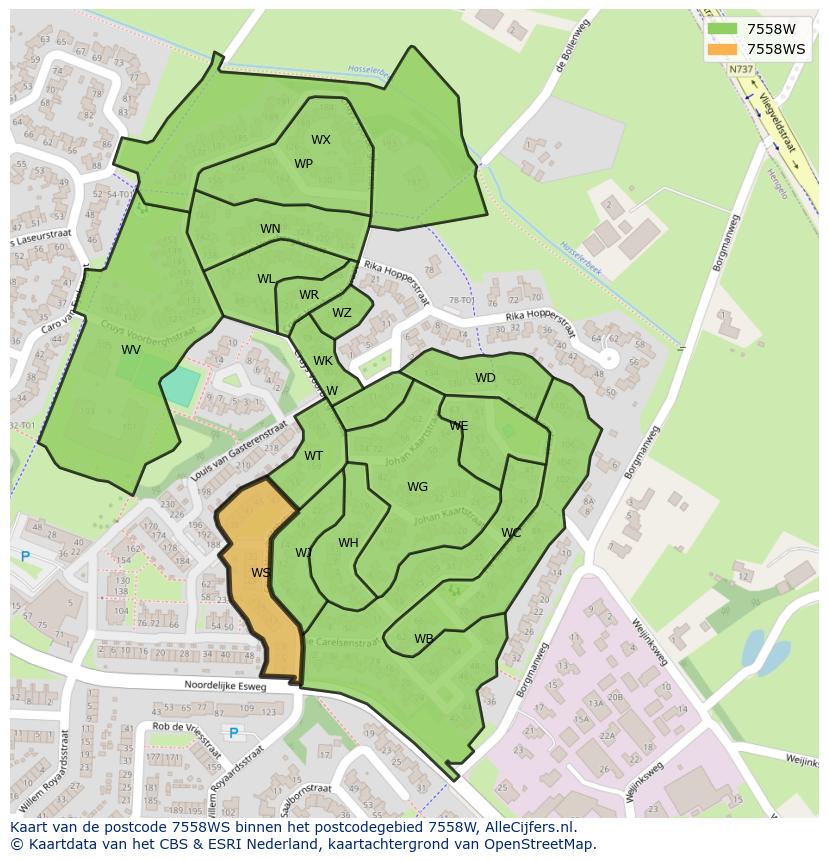 Afbeelding van het postcodegebied 7558 WS op de kaart.
