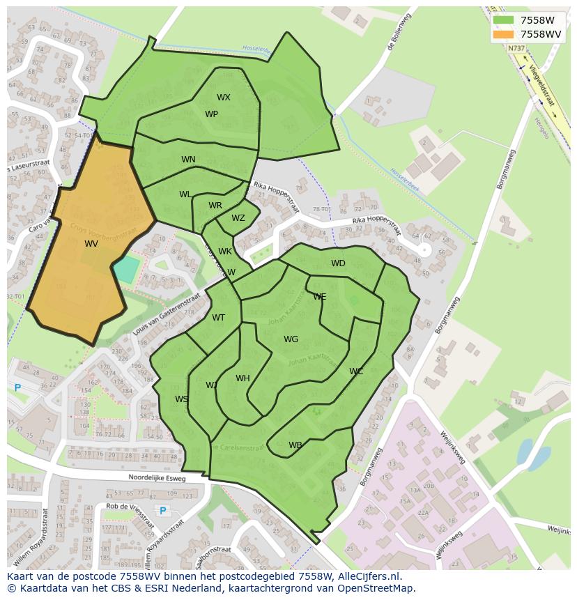 Afbeelding van het postcodegebied 7558 WV op de kaart.