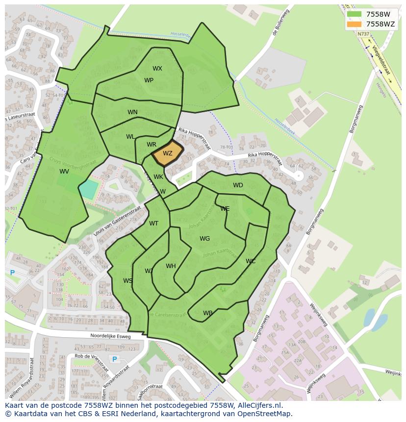 Afbeelding van het postcodegebied 7558 WZ op de kaart.
