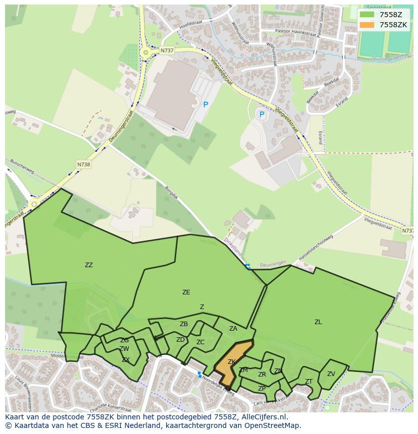 Afbeelding van het postcodegebied 7558 ZK op de kaart.