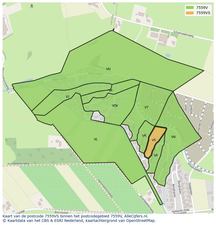 Afbeelding van het postcodegebied 7559 VS op de kaart.