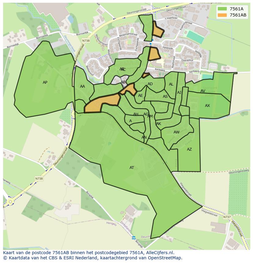 Afbeelding van het postcodegebied 7561 AB op de kaart.