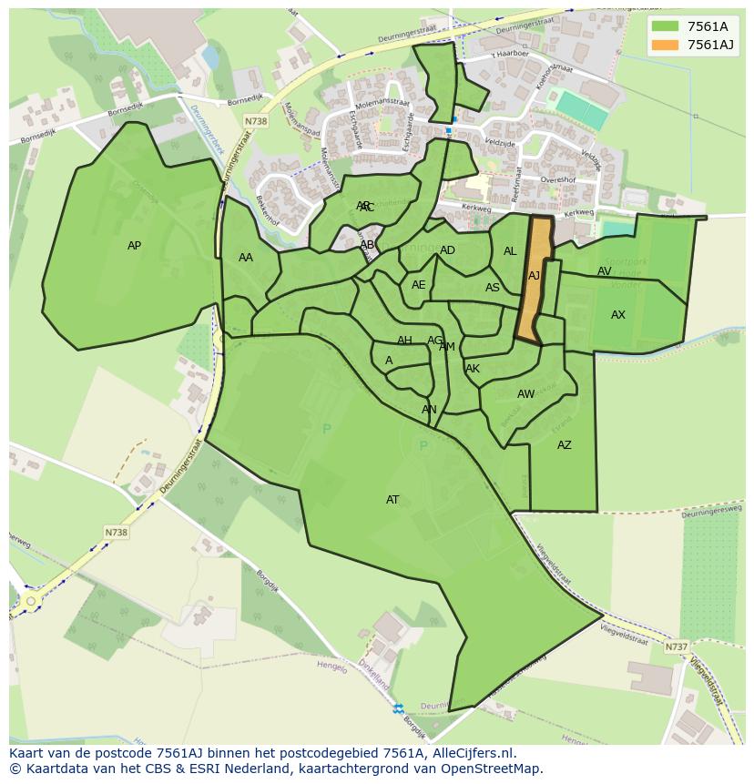 Afbeelding van het postcodegebied 7561 AJ op de kaart.