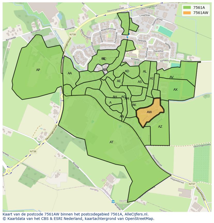 Afbeelding van het postcodegebied 7561 AW op de kaart.