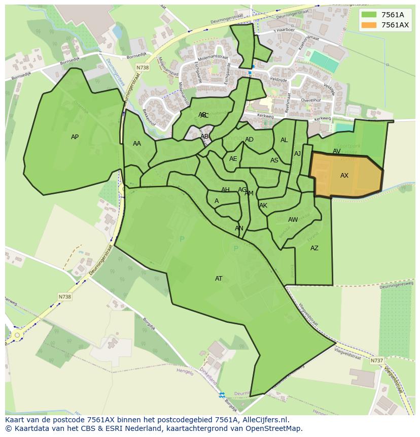 Afbeelding van het postcodegebied 7561 AX op de kaart.