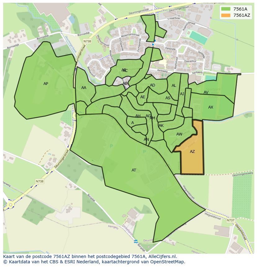 Afbeelding van het postcodegebied 7561 AZ op de kaart.