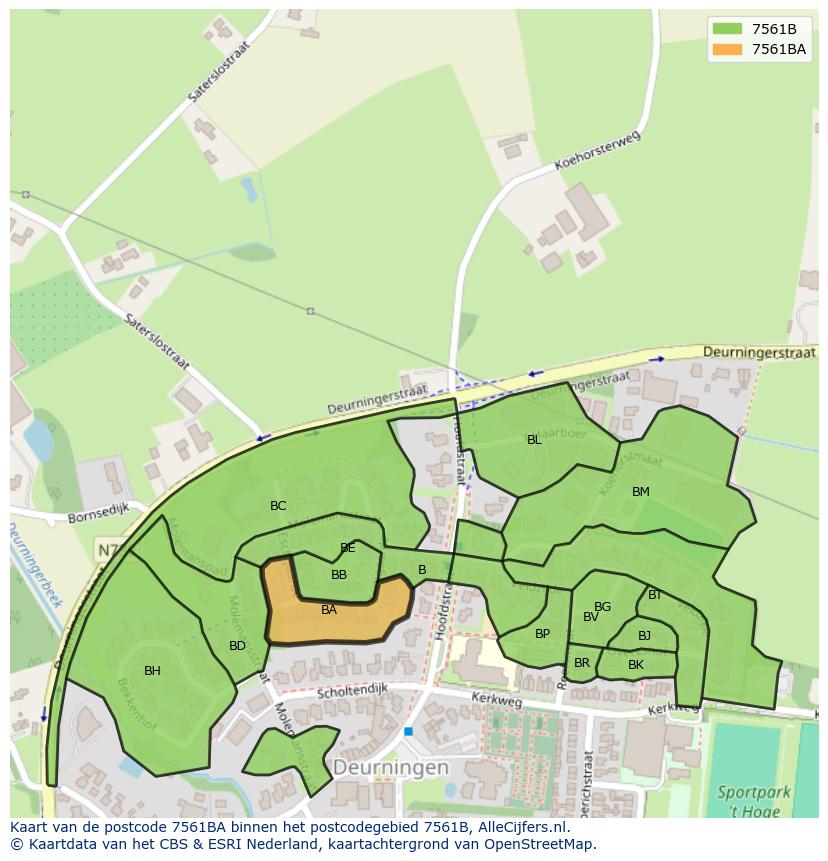 Afbeelding van het postcodegebied 7561 BA op de kaart.