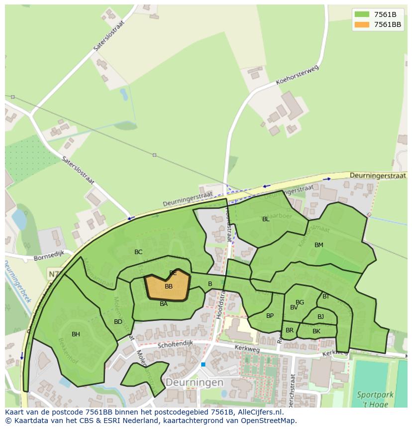 Afbeelding van het postcodegebied 7561 BB op de kaart.