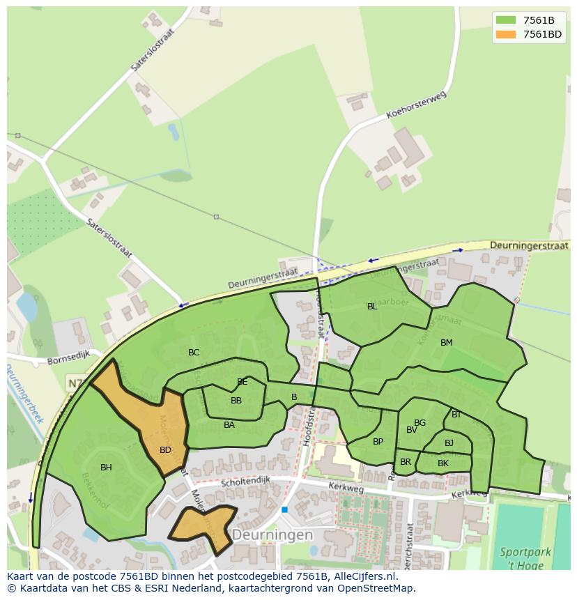Afbeelding van het postcodegebied 7561 BD op de kaart.