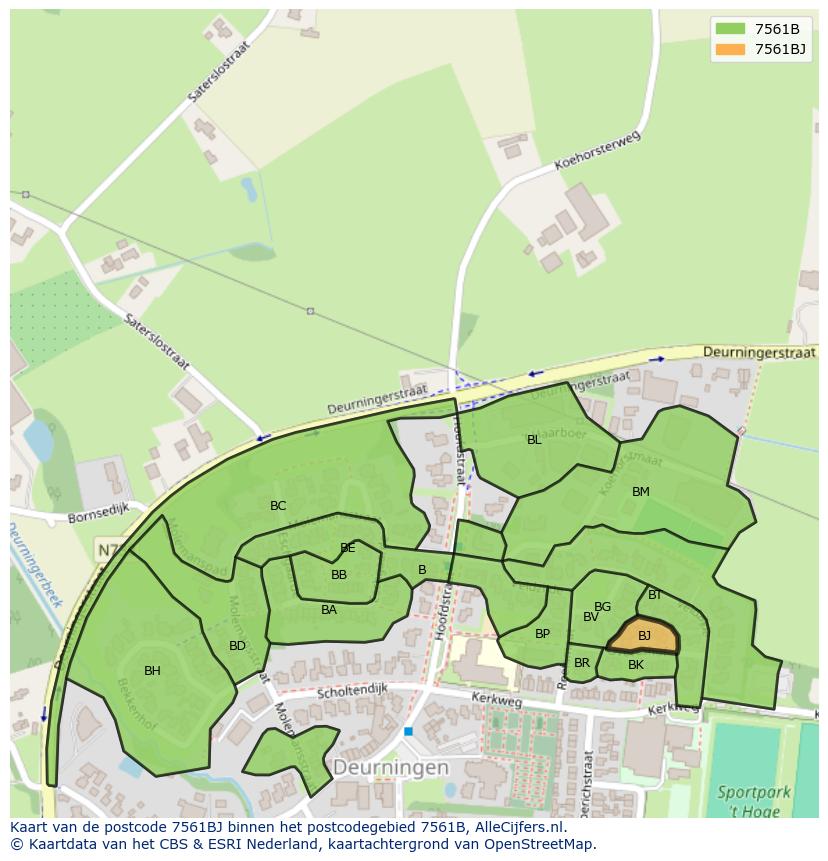 Afbeelding van het postcodegebied 7561 BJ op de kaart.