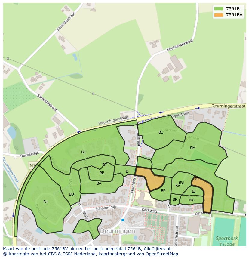 Afbeelding van het postcodegebied 7561 BV op de kaart.