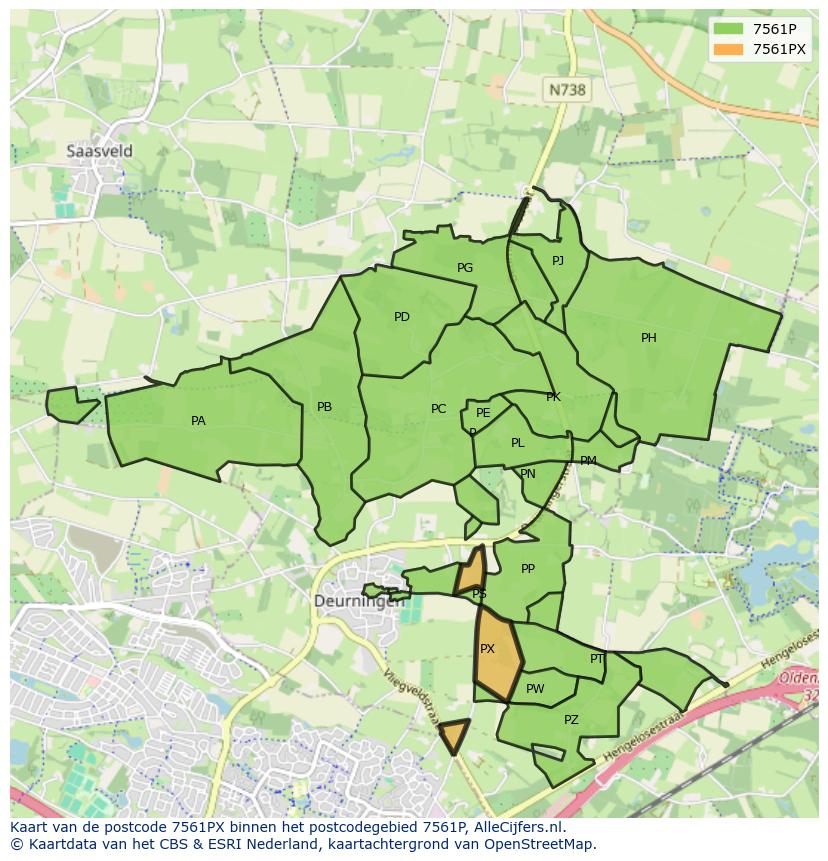 Afbeelding van het postcodegebied 7561 PX op de kaart.