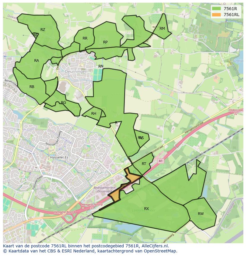 Afbeelding van het postcodegebied 7561 RL op de kaart.