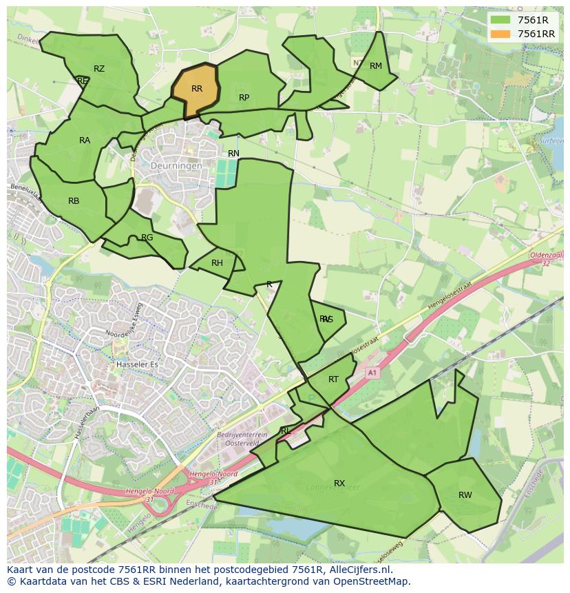 Afbeelding van het postcodegebied 7561 RR op de kaart.
