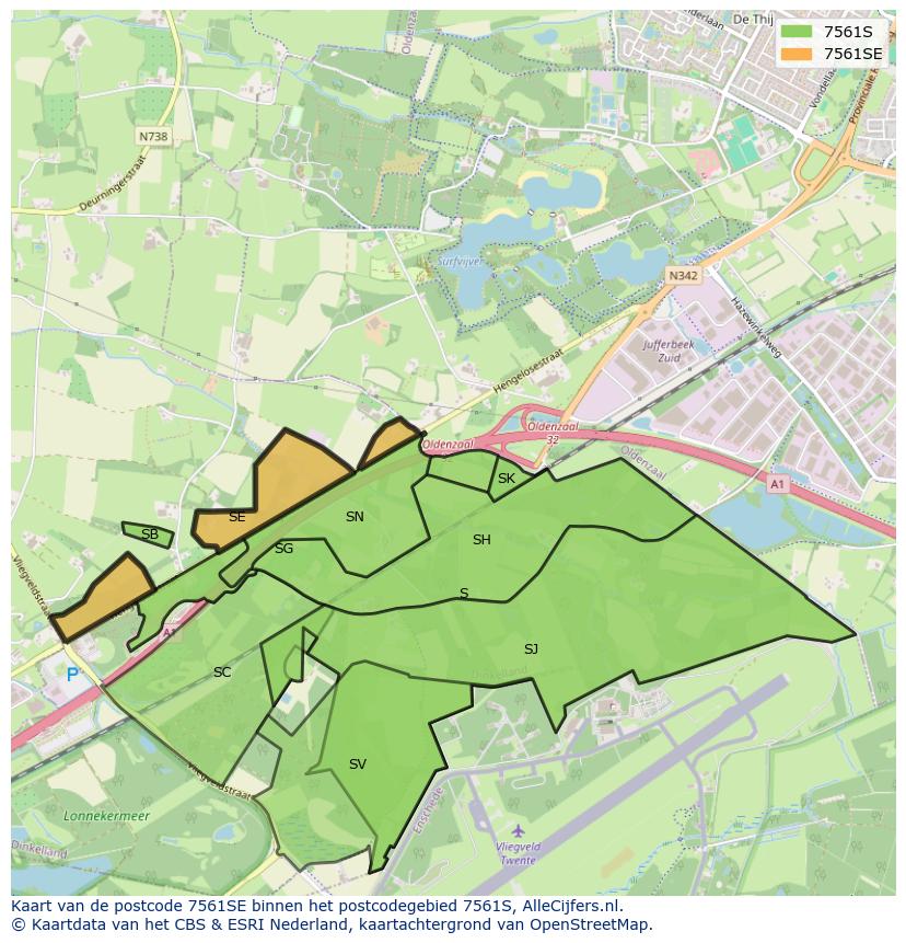 Afbeelding van het postcodegebied 7561 SE op de kaart.
