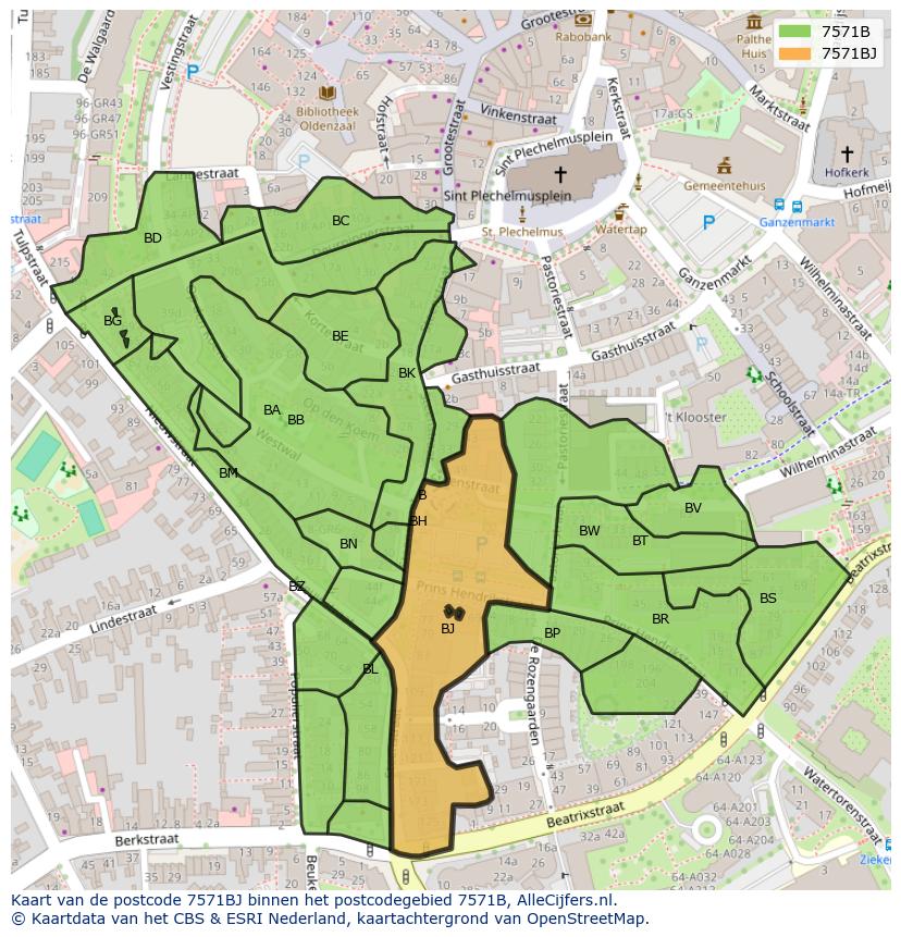 Afbeelding van het postcodegebied 7571 BJ op de kaart.