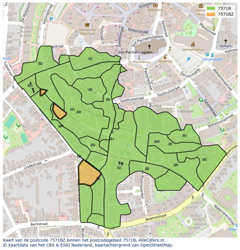 Afbeelding van het postcodegebied 7571 BZ op de kaart.