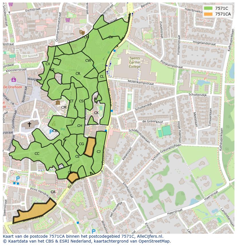 Afbeelding van het postcodegebied 7571 CA op de kaart.